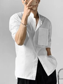 Mens Stand Collar Pocket Long Sleeve Shirt -Incerun Shop 1d41f115 f8d5 4988 b38b 6d5939842634