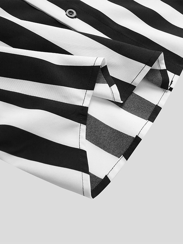 Men Vintage Stand-up Collar Short Sleeve Striped Shirt 8 Men Vintage Stand-up Collar Short Sleeve Striped Shirt - Image 6