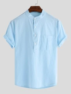 Mens Solid Stand Collar Short Sleeve Pocket Button Shirt -Incerun Shop 1db7d0cf c353 41bb a11e 448fe81fa4f9