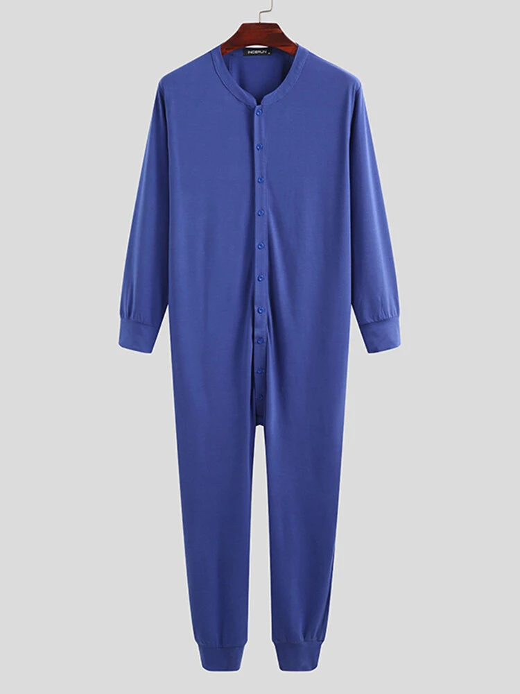 Pure Color Casual Thin Soft Home Long Sleeve O-Neck Button Jumpsuit Onesies For Men 5 Pure Color Casual Thin Soft Home Long Sleeve O-Neck Button Jumpsuit Onesies For Men - Image 3