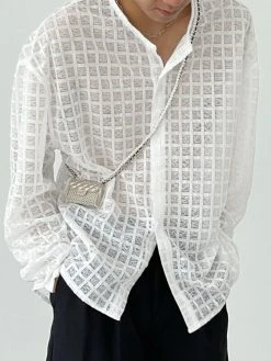 Mens Casual Mesh Check Long-sleeved Shirts