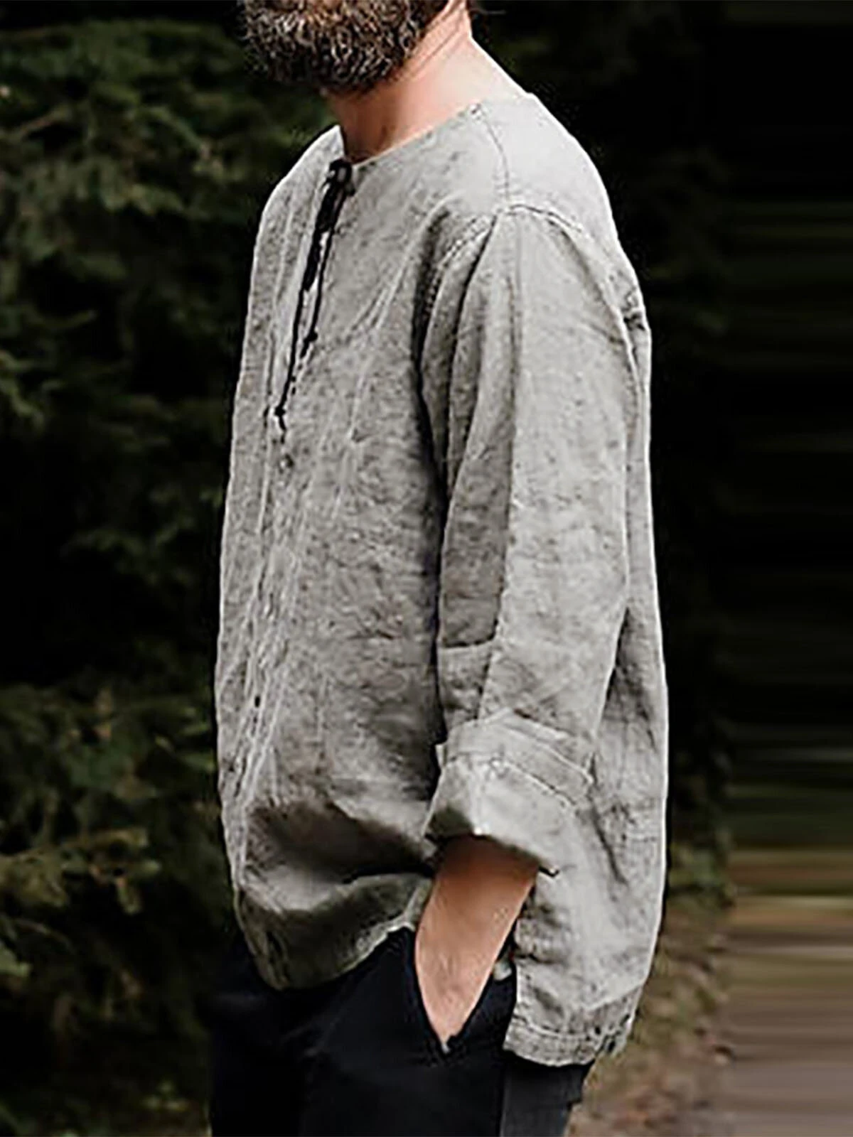 Mens Solid Lace-Up Neck 100%Cotton Long Sleeve T-Shirt 6 Mens Solid Lace-Up Neck 100%Cotton Long Sleeve T-Shirt - Image 4