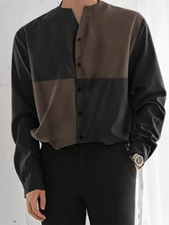 Mens V-Neck Patchwork Long Sleeve Button Up Shirts