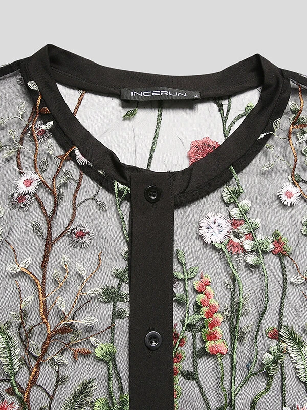 Men Plant Floral Embroidery Thin See Through Fashion Shirt 8 Men Plant Floral Embroidery Thin See Through Fashion Shirt - Image 6