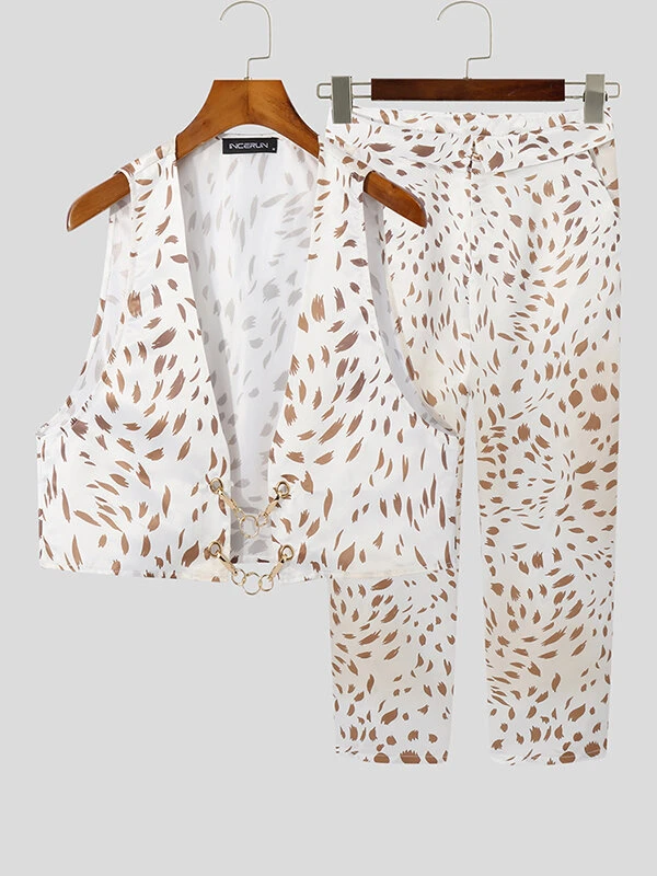 Men Leopard Print Crop Waistcoat Pants Set 6 Men Leopard Print Crop Waistcoat Pants Set - Image 4