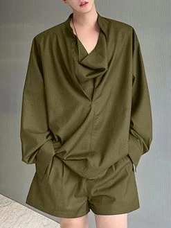 Mens Solid Cowl Neck Casual Two Pieces Outfits