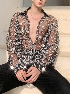 Men See Through Mesh Floral Print Shirt
