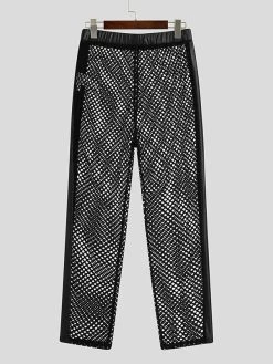 Men Mesh Patchwork PU Leather Slim Pants -Incerun Shop 216a6169 0951 4022 907b 7f88de248621
