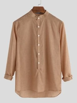 Mens Chinese Style Solid Color Half Open Long Sleeve Henley Shirts -Incerun Shop 22787004 ae0b 4699 9ef0 eaa6796fe6b0