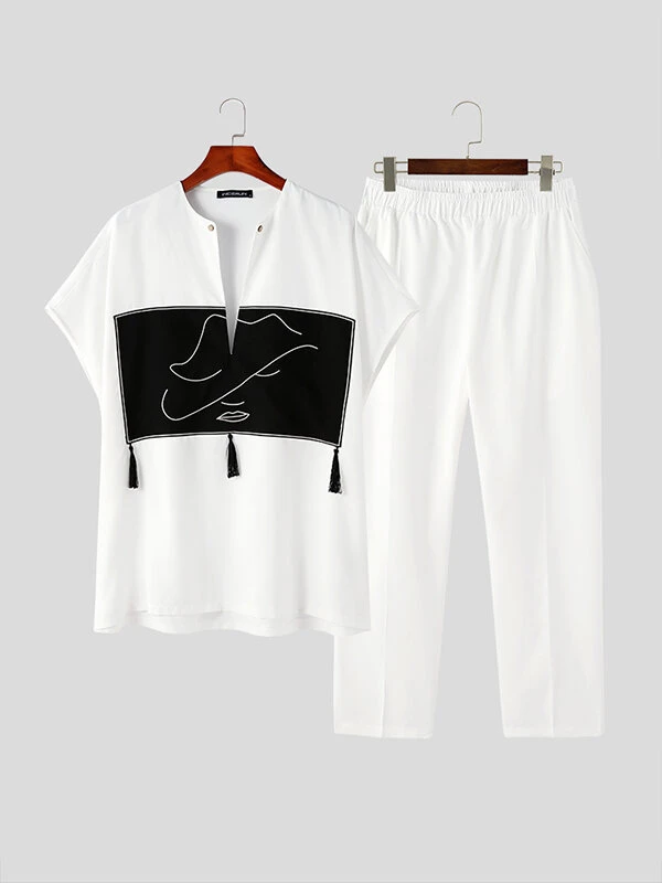 Mens Muslim Abstract Print Fringe Design Two Pieces Outfits 5 Mens Muslim Abstract Print Fringe Design Two Pieces Outfits - Image 3