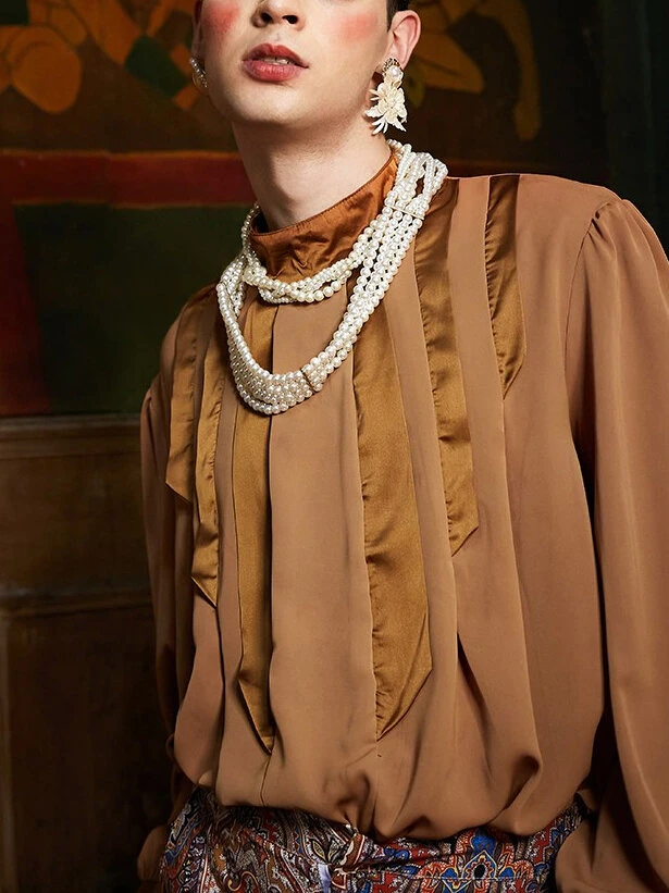 Men Pleated High Neck Long Sleeve Shirt 11 Men Pleated High Neck Long Sleeve Shirt - Image 9