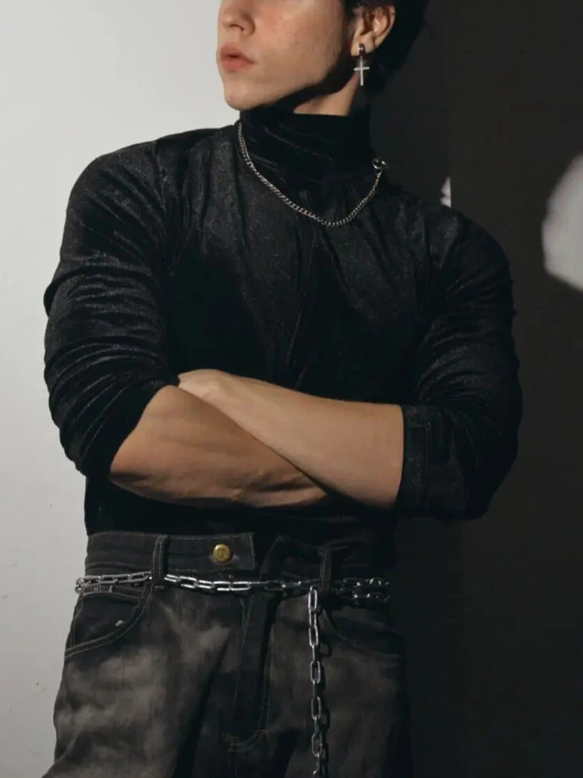 Men High Neck Velvet Long Sleeve T-Shirt 8 Men High Neck Velvet Long Sleeve T-Shirt - Image 6