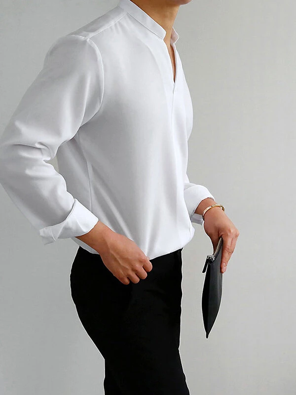 Men Stand-up Collar Long-sleeved Shirt 4 Men Stand-up Collar Long-sleeved Shirt - Image 2