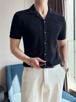 Mens Solid Texture Revere Collar Casual Short Sleeve Shirt -Incerun Shop 245c2a1e 24fa 4593 a0bf 7fd5be894390