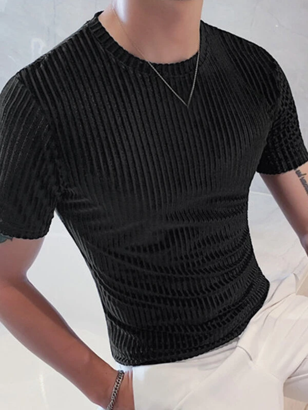 Mens Velvet Striped Round Neck Casual T-shirts 4 Mens Velvet Striped Round Neck Casual T-shirts - Image 2