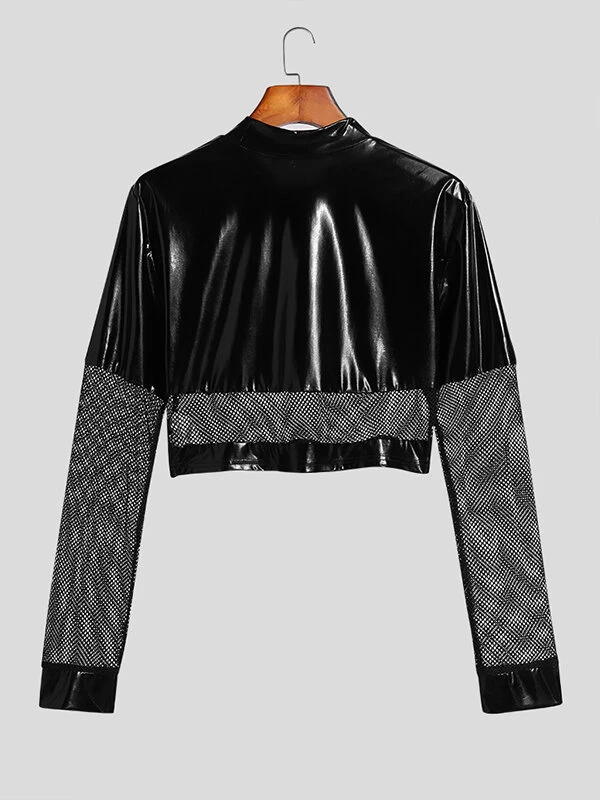 Mens Faux Leather Mesh Patchwork Long Sleeve Cropped T-Shirt 7 Mens Faux Leather Mesh Patchwork Long Sleeve Cropped T-Shirt - Image 5
