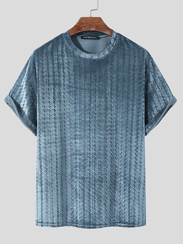 Mens Velvet Texture Crew Neck Loose Short Sleeve T-Shirt 6 Mens Velvet Texture Crew Neck Loose Short Sleeve T-Shirt - Image 4