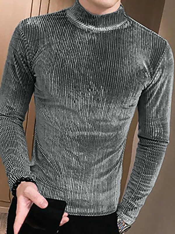Mens High Neck Velvet Striped Long-sleeved T-Shirt 5 Mens High Neck Velvet Striped Long-sleeved T-Shirt - Image 3