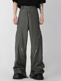 Mens Solid Zip Design Snap Button Waist Pants