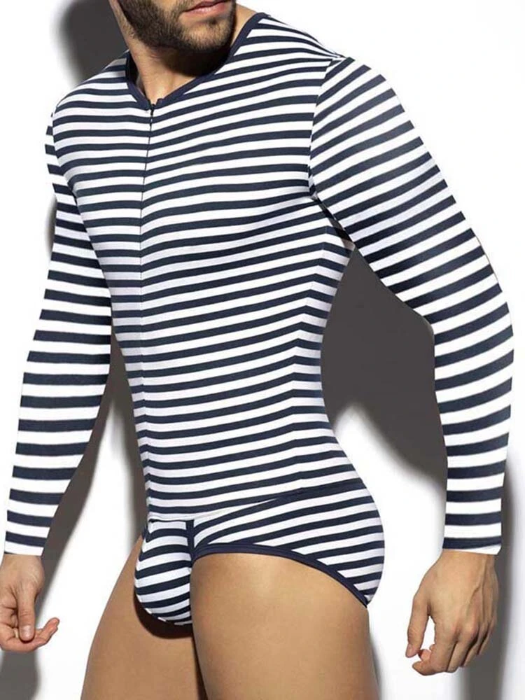Mens Sexy Striped Zipper Long Sleeve Jumpsuit 5 Mens Sexy Striped Zipper Long Sleeve Jumpsuit - Image 3