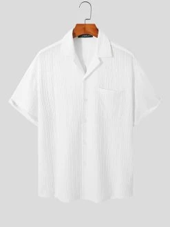 Mens Textured Stripe Camp Collar Pocket Shirt -Incerun Shop 26c6e6e7 899d 48a6 b144 6f2f412555cc
