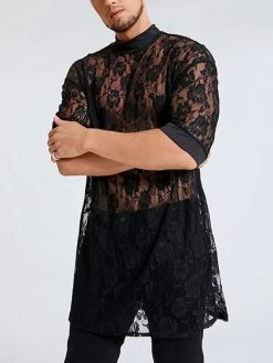 Mens Rose Lace Transparent Flower Pattern Thin Sexy Plain Robs -Incerun Shop 27fce23f c897 4940 8c32 ef8fff22b75d