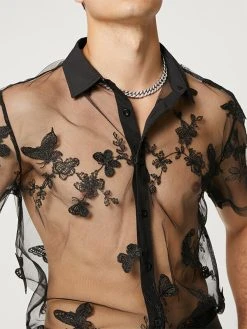 Mens Butterfly Mesh See Through Lapel Shirt -Incerun Shop 282732e0 b8a9 43e9 a847 375e9e4e1b47
