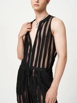 Mens Striped See Through Zip Front Sleeveless Jumpsuit -Incerun Shop 28460870 d738 4b39 82ab 6db0fd1e35c5