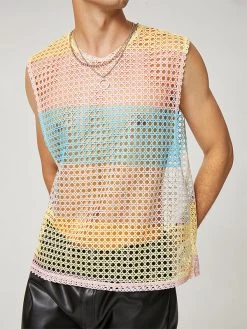 Mens Mesh Fishnet See Through Color Block Tank