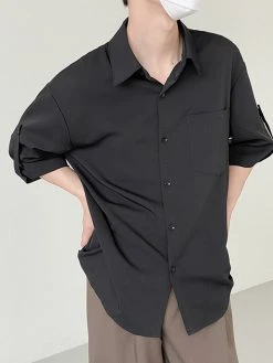 Mens Solid Roll-Up Lapel Collar Shirt -Incerun Shop 28bf24d4 7051 44d6 8b97 58b53a64550e