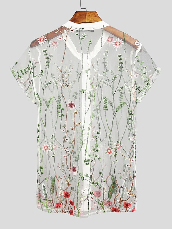 Men Plant Floral Embroidery Thin See Through Fashion Shirt 7 Men Plant Floral Embroidery Thin See Through Fashion Shirt - Image 5