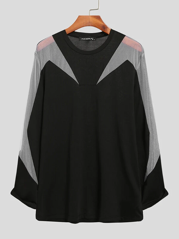 Men Sexy Patchwork Mesh Long Sleeve T-Shirt 7 Men Sexy Patchwork Mesh Long Sleeve T-Shirt - Image 5