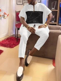 Mens Muslim Abstract Print Fringe Design Two Pieces Outfits