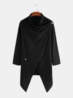 Mens Plain 100% Cotton Irregular Blouse Shawl Collar Long Cardigans