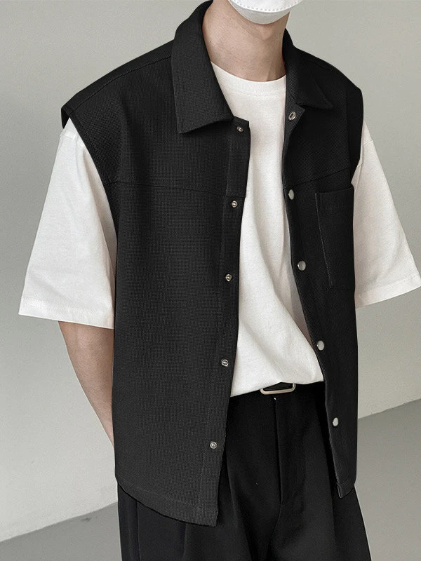 Mens Knit Textured Lapel Snap Button Sleeveless Vest 4 Mens Knit Textured Lapel Snap Button Sleeveless Vest - Image 2