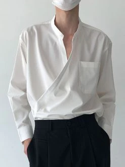 Mens Solid Stand Collar Wrap Design Long Sleeve Shirt