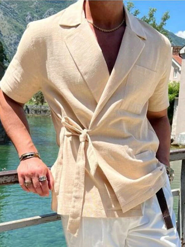 Mens Solid Lapel Tie Side 100%Cotton Short Sleeve Shirt 3 Mens Solid Lapel Tie Side 100%Cotton Short Sleeve Shirt