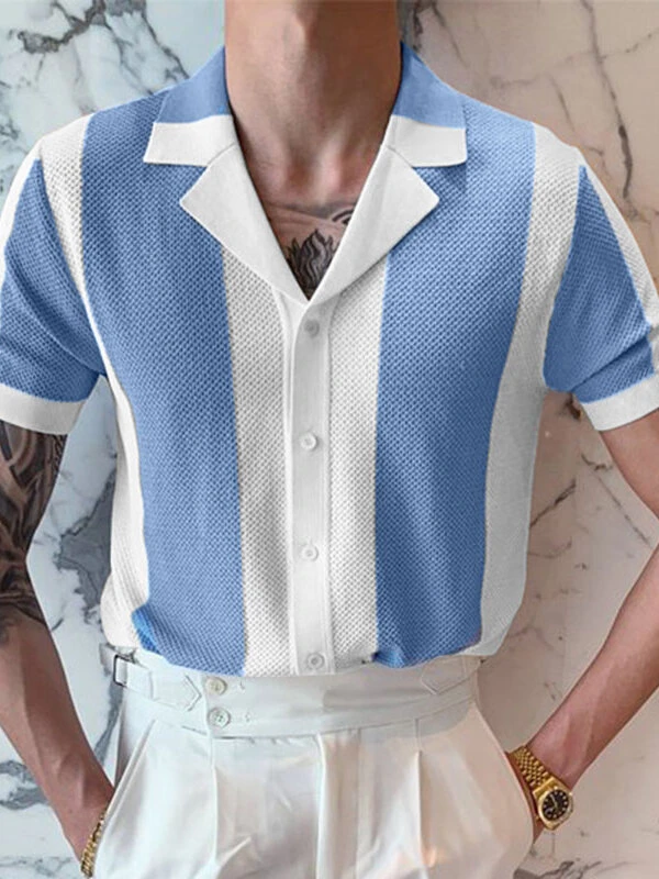 Mens Mesh Color Block Patchwork Revere Collar Short Sleeve Shirt 4 Mens Mesh Color Block Patchwork Revere Collar Short Sleeve Shirt - Image 2