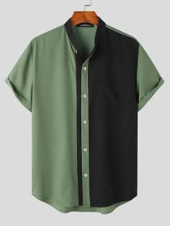 Mens Contrast Patchwork Stand Collar Short Sleeve Shirt -Incerun Shop 2c236d30 c56c 4d56 ba89 dcafdb60c5ca
