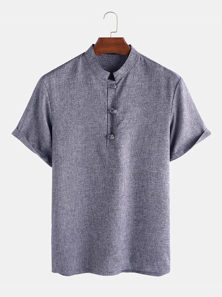 Men Soild Chinese Button V-neck Short Sleeve Henley Shirt 8 Men Soild Chinese Button V-neck Short Sleeve Henley Shirt - Image 6