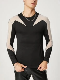 Men Sexy Patchwork Mesh Long Sleeve T-Shirt
