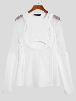 Mens Mesh Patchwork Cutout Long Sleeve T-Shirt -Incerun Shop 2d620c40 b5f9 431c 8952 3e257c43dec5