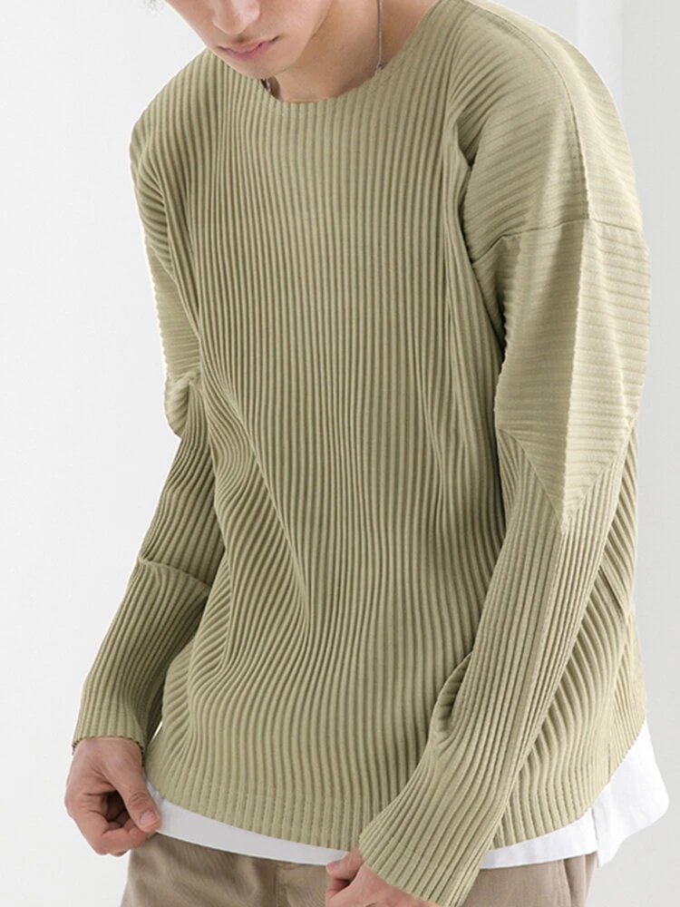 Mens Pleated Round Neck Long Sleeve T-Shirt 4 Mens Pleated Round Neck Long Sleeve T-Shirt - Image 2