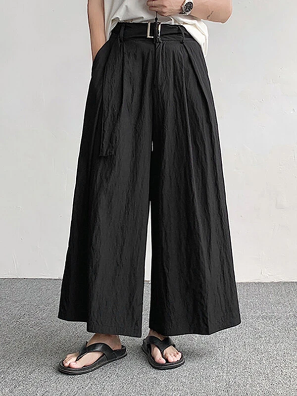 Mens Solid Texture Casual Wide Leg Pants With Belt 3 Mens Solid Texture Casual Wide Leg Pants With Belt