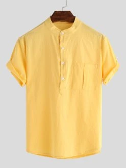Mens Solid Stand Collar Short Sleeve Pocket Button Shirt -Incerun Shop 2e85c2c7 b370 48c0 bcf1 de397b11bc58
