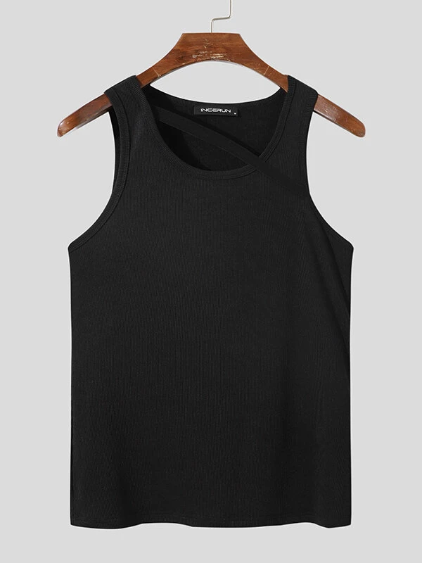 Mens Diagonal Strap Solid Color Casual Ribbed Tank 6 Mens Diagonal Strap Solid Color Casual Ribbed Tank - Image 4