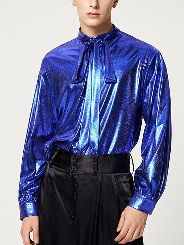 Mens Shiny Metallic Bow Tie Neck Shirt 5 Mens Shiny Metallic Bow Tie Neck Shirt - Image 3