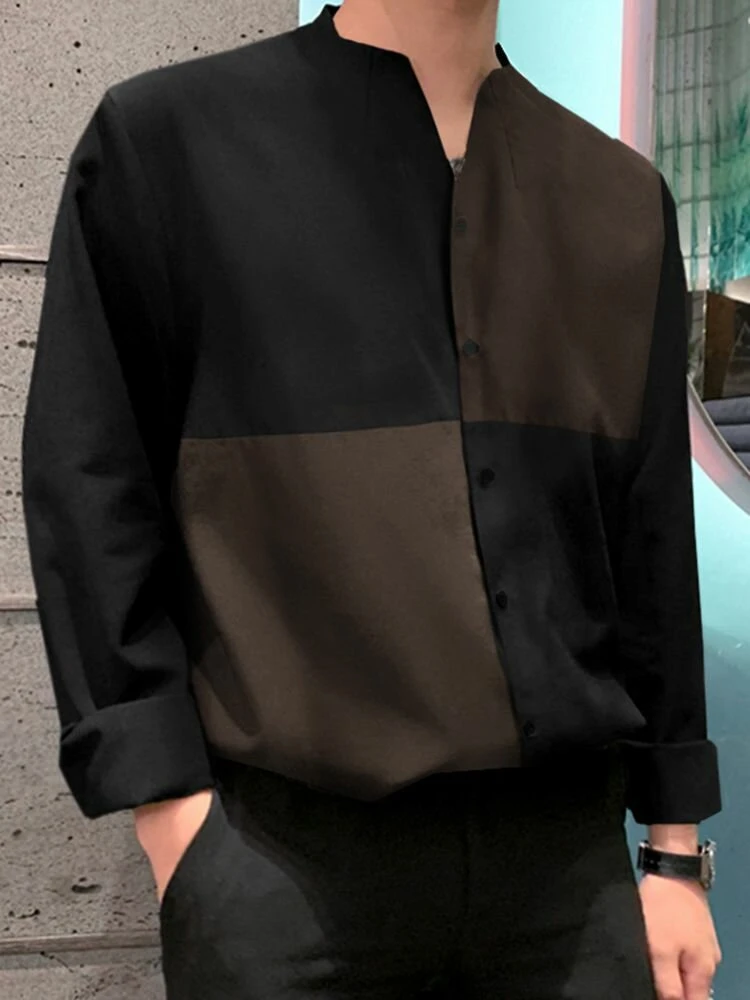 Mens V-Neck Patchwork Long Sleeve Button Up Shirts 4 Mens V-Neck Patchwork Long Sleeve Button Up Shirts - Image 2