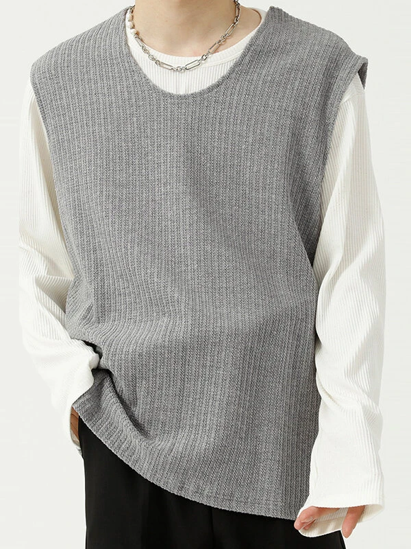 Mens Loose Round Neck Sleeveless Sweater Vest 4 Mens Loose Round Neck Sleeveless Sweater Vest - Image 2