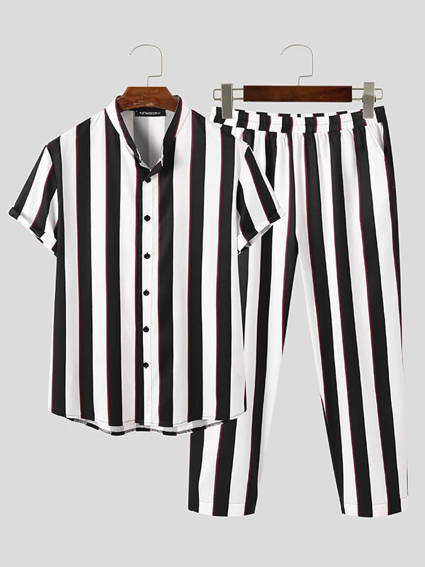 Mens Striped Short Sleeve Shirts Pants Set 3 Mens Striped Short Sleeve Shirts Pants Set